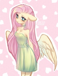 Size: 825x1075 | Tagged: safe, artist:sirfiyanyamur, derpibooru import, fluttershy, anthro, pegasus, abstract background, arm behind back, blushing, breasts, choker, cleavage, clothes, cute, dress, ears, female, floppy ears, green dress, heart, heart background, looking at you, mare, pink background, shoulderless, shyabetes, simple background, solo, strapless, strapless dress, white outline