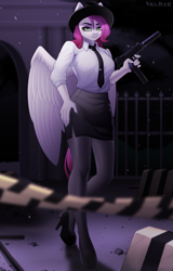 Size: 1600x2500 | Tagged: safe, artist:villjulie, derpibooru import, oc, oc only, oc:ellie berryheart, anthro, pegasus, big breasts, breasts, clothes, crime scene, detective, eyeshadow, female, green eyes, gun, hat, high heels, looking at you, makeup, necktie, night, pink eyeshadow, police, police officer, shoes, skirt, smiling, solo, spread wings, submachinegun, tape, tights, weapon, white shirt, wings