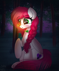 Size: 3149x3812 | Tagged: safe, artist:janelearts, derpibooru import, oc, oc only, oc:ellie berryheart, firefly (insect), insect, pegasus, pony, g1, blushing, bowtie, braid, cutie mark, ear fluff, ears, eyelashes, forest, glowing, green eyes, hooves, impressed, long hair, long tail, nature, night, pigtails, sitting, solo, tail, tree, wings