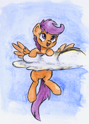 Size: 2688x3732 | Tagged: safe, artist:chevaleto, derpibooru exclusive, derpibooru import, scootaloo, pegasus, pony, g4, cloud, female, filly, flying, foal, high res, looking up, open mouth, solo, spread wings, traditional art, watercolor painting, wings