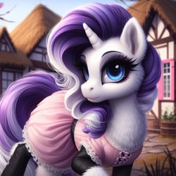 Size: 1024x1024 | Tagged: safe, ai content, machine learning generated, rarity, pony, unicorn, alternate hairstyle, aside glance, bing, chest fluff, clothed ponies, clothes, dress, female, fluffy, mare, pink dress, ponyville, solo