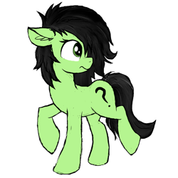 Size: 1152x1152 | Tagged: safe, artist:anonymous, oc, oc only, oc:anon filly, earth pony, pony, black mane, ears, female, filly, floppy ears, foal, green coat, head turn, looking back, looking to side, looking to the right, png, profile, raised hoof, raised leg, side view, simple background, solo, transparent background