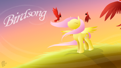 Size: 2400x1350 | Tagged: safe, artist:dragonwolfrooke, derpibooru import, fluttershy, bird, cardinal, pegasus, pony, g4, 4everfreebrony, eyes closed, female, hill, lineless, mare, solo, song cover, spread wings, sunset, windswept mane, wings