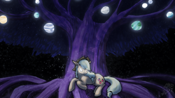 Size: 2400x1350 | Tagged: safe, artist:dragonwolfrooke, derpibooru import, applejack, earth pony, pony, 4everfreebrony, applejack's hat, clothes, cowboy hat, female, floating, glowing, glowing eyes, hat, mare, night, planet, solo, space, tree