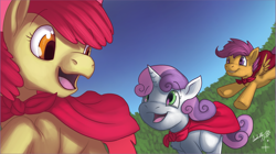 Size: 4015x2256 | Tagged: safe, artist:dragonwolfrooke, derpibooru import, apple bloom, scootaloo, sweetie belle, earth pony, pegasus, pony, unicorn, g4, 4everfreebrony, cape, clothes, cmc cape, cutie mark crusaders, female, filly, foal, grin, high res, open mouth, running, smiling, trio