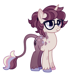 Size: 1200x1226 | Tagged: safe, artist:bishopony, derpibooru import, oc, oc only, oc:doodlebug, classical unicorn, pony, unicorn, colored hooves, eyes closed, glasses, horn, leonine tail, lidded eyes, male, mismatched hooves, ponysona, ponytail, purple eyes, simple background, smiling, solo, stallion, standing, transparent background, unicorn oc, unshorn fetlocks