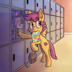 Size: 1400x1400 | Tagged: safe, artist:mentotoothpicks, derpibooru import, rainbow dash, scootaloo, pegasus, pony, g4, 4everfreebrony, female, filly, foal, leaning, lockers, looking sideways, mouth hold, scootalove, solo