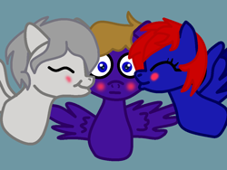 Size: 1000x751 | Tagged: safe, artist:hurricanehunter03, derpibooru exclusive, derpibooru import, oc, oc only, oc:ion sparkplug, oc:shrapnel, oc:wing front, pegasus, pony, bisexual, blushing, boyfriend, bust, cute, female, husband and wife, kiss on the cheek, kiss sandwich, kissing, male, married couple, pegasus oc, polyamory, simple background, spread wings, wide eyes, wingboner, wings