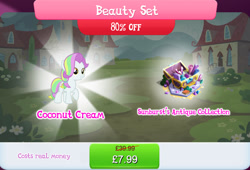 Size: 1266x861 | Tagged: safe, derpibooru import, coconut cream, earth pony, pony, g4, bundle, bush, english, female, filly, foal, gameloft, mare, mobile game, my little pony: magic princess, numbers, official, sale, solo, solo focus, text