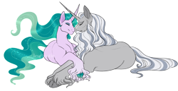 Size: 2200x1135 | Tagged: safe, artist:lesghostie, derpibooru import, mistmane, star swirl the bearded, pony, unicorn, beard, cloven hooves, coat markings, colored hooves, curved horn, duo, ethereal mane, ethereal tail, eyes closed, eyeshadow, facial hair, facial markings, female, gradient hooves, gradient legs, horn, horns are touching, long fetlocks, lying down, makeup, male, mare, missing cutie mark, mistswirl, moustache, nuzzling, prone, shipping, simple background, smiling, sparkly hooves, stallion, star (coat marking), straight, tail, transparent background, unshorn fetlocks