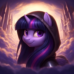 Size: 1024x1024 | Tagged: safe, ai content, derpibooru import, machine learning generated, twilight sparkle, twilight sparkle (alicorn), alicorn, anthro, cloak, clothes, cloud, heaven, prompter needed, smiling, solo