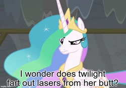 Size: 710x500 | Tagged: safe, derpibooru import, edit, edited screencap, screencap, princess celestia, alicorn, pony, g4, horse play, confused, imgflip, implied farting, meme, solo, text