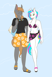 Size: 1365x2048 | Tagged: safe, artist:mscolorsplash, derpibooru import, oc, oc only, anthro, earth pony, plantigrade anthro, unicorn, belly button, bikini, blue background, breasts, cleavage, clothes, commission, duo, duo male and female, female, height difference, holding hands, male, mare, oc x oc, sarong, shipping, simple background, stallion, straight, swimming trunks, swimsuit