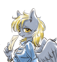 Size: 2650x2867 | Tagged: safe, artist:kovoranu, derpibooru import, derpy hooves, anthro, pegasus, blushing, clothes, cute, female, letter, looking at you, mailmare, mare, postman, shirt, side view, simple background, solo, white background