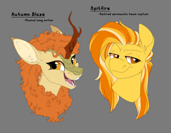 Size: 5506x4284 | Tagged: safe, artist:parrpitched, derpibooru import, autumn blaze, spitfire, kirin, pegasus, pony, comic:the special talent initiative, bust, open mouth, open smile, portrait, redesign, smiling