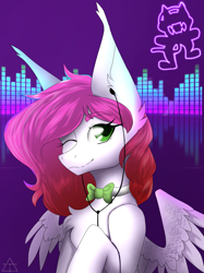 Size: 1899x2534 | Tagged: safe, artist:glotasha, derpibooru import, oc, oc only, oc:ellie berryheart, pegasus, pony, g4, bowtie, ear fluff, ears, equalizer, eyelashes, female, green eyes, headphones, hooves, long ears, monstercat, music, purple background, satisfied, simple background, solo, wings