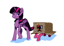 Size: 860x620 | Tagged: safe, artist:terrafomer, derpibooru import, pinkie pie, twilight sparkle, twilight sparkle (alicorn), alicorn, earth pony, pony, box, cardboard box, clown, clown nose, facial hair, fake moustache, female, hiding, mare, moustache, pixel art, red nose, simple background, white background