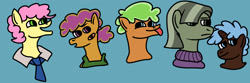 Size: 1500x500 | Tagged: safe, artist:dexterousdecarius, derpibooru import, li'l cheese, oc, oc:chicory root, oc:jelly gelato, oc:peanut pickler, oc:roxy road, earth pony, unicorn, the last problem, blue background, half-siblings, magical gay spawn, multicolored hair, next generation, offspring, parent:cheese sandwich, parent:party favor, parent:pinkie pie, parents:cheesepie, parents:partycheesepie, parents:partypie, siblings, simple background