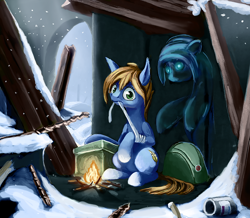 Size: 1200x1045 | Tagged: safe, artist:anonymous, artist:terrafomer, derpibooru import, oc, oc only, earth pony, ghost, ghost pony, pony, bag, bandage, fire, imminent death, rebar, snow, snowfall