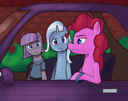 Size: 3250x2560 | Tagged: safe, artist:terrafomer, derpibooru import, maud pie, pinkie pie, trixie, earth pony, pony, unicorn, bracelet, car, clothes, daria, female, jewelry, mare, ponified, redraw, species swap, trio