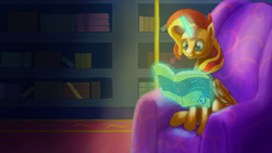 Size: 4550x2560 | Tagged: safe, artist:terrafomer, derpibooru import, sunset shimmer, alicorn, pony, alicornified, armchair, book, bookshelf, chair, female, for dummies, magic, mare, race swap, shimmercorn, sitting, solo, telekinesis