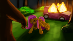 Size: 4551x2560 | Tagged: safe, artist:terrafomer, derpibooru import, fluttershy, bear, pegasus, pony, car, female, fire, joke, mare, meme, ponified, ponified meme