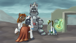 Size: 4551x2560 | Tagged: safe, artist:terrafomer, derpibooru import, oc, oc:calamity, oc:littlepip, oc:steelhooves, oc:velvet remedy, earth pony, pegasus, pony, unicorn, fallout equestria, accordion, alternate hairstyle, bow, clothes, dress, female, guitar, hair bow, hair braid, male, mare, musical instrument, oc x oc, playing instrument, shipping, stallion, straight, velamity