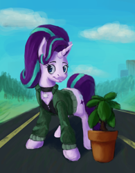 Size: 2000x2560 | Tagged: safe, artist:terrafomer, derpibooru import, starlight glimmer, pony, unicorn, choker, clothes, female, jacket, mare, potted plant, road, solo