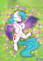 Size: 2894x4093 | Tagged: safe, artist:cottonheart05, derpibooru import, oc, oc only, oc:cotton heart, pegasus, pony, flower, image macro, overhead view, resting, solo, text