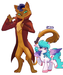 Size: 3480x4130 | Tagged: safe, artist:cottonheart05, derpibooru import, capper dapperpaws, oc, abyssinian, pegasus, pony, blushing, caption, fanart, flirting, image macro, parents:canon x oc, shipping, simple background, text