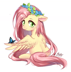 Size: 1648x1688 | Tagged: safe, artist:mjiffy, derpibooru import, fluttershy, butterfly, pegasus, pony, cute, female, floral head wreath, flower, looking at you, looking back, looking back at you, looking over shoulder, mare, rear view, shyabetes, simple background, sitting, smiling, smiling at you, solo, white background, wrong eye color