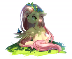 Size: 2200x1800 | Tagged: safe, artist:mjiffy, derpibooru import, fluttershy, butterfly, pegasus, pony, alternate hairstyle, cute, female, floral head wreath, flower, looking at you, looking back, looking back at you, looking over shoulder, mare, on ground, rear view, shyabetes, simple background, sitting, smiling, smiling at you, solo, white background, wrong eye color