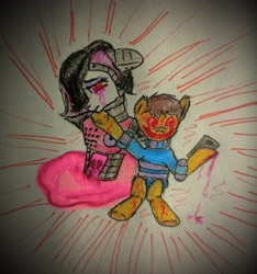 Size: 2992x3198 | Tagged: safe, artist:mettaton, derpibooru import, demon, demon pony, pony, robot, robot pony, blushing, breasts, broken horn, chara, clothes, crying, dark background, dripping blood, duo, ear fluff, ears, ears back, ears up, female, fight, frisk, heartbreak, horn, laughing, lineart, male, male to female, mettaton, mettaton ex, open mouth, phone, raised hoof, raised leg, red eyes, rule 63, sad, selfie, sitting, sweater, traditional art, transformation, transgender transformation, undertale, unshorn fetlocks