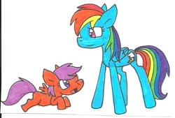 Size: 927x628 | Tagged: safe, artist:cmara, derpibooru import, rainbow dash, scootaloo, pegasus, pony, duo, female, filly, foal, folded wings, looking at each other, looking at someone, lying down, mare, open mouth, prone, scootalove, siblings, sisters, smiling, spread wings, standing, traditional art, wings
