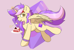 Size: 2464x1700 | Tagged: safe, artist:hcl, derpibooru import, oc, oc only, oc:amatista rhyme, alicorn, pony, alicorn oc, cake, food, fork, horn, magic, one eye closed, plate, solo, telekinesis, wings