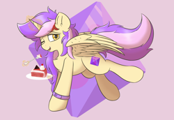 Size: 2464x1700 | Tagged: safe, alternate version, artist:hcl, derpibooru import, oc, oc only, oc:amatista rhyme, alicorn, pony, alicorn oc, cake, food, fork, horn, magic, one eye closed, plate, solo, telekinesis, wings