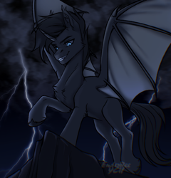 Size: 2946x3068 | Tagged: safe, artist:enderbee, derpibooru import, oc, alicorn, bat pony, pegasus, pony, commission, full body, glowing, glowing eyes, lightning, male, sky, smiling, solo, spread wings, stallion, sternocleidomastoid, wings, ych example, your character here