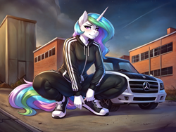 Size: 3840x2880 | Tagged: safe, ai content, derpibooru import, machine learning generated, princess celestia, anthro, plantigrade anthro, unicorn, g4, abandoned, adidas, car, clothes, female, gopnik, mare, mercedes-benz, night, prompter:groupstation, race swap, shoes, slav, solo, solo female, squatting, tracksuit, unicorn celestia