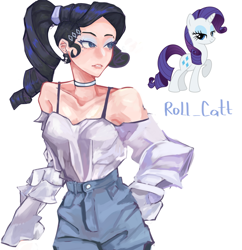 Size: 3200x3300 | Tagged: safe, artist:sunmur, derpibooru import, rarity, human, pony, unicorn, alternate hairstyle, bra, bra strap, choker, clothes, cute, ear piercing, earring, eyeshadow, female, humanized, jewelry, lipstick, makeup, mare, pants, piercing, ponytail, raribetes, shirt, simple background, solo, underwear, white background