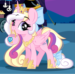 Size: 915x899 | Tagged: safe, artist:emberslament, derpibooru import, oc, oc only, oc:bay breeze, pegasus, pony, alternate hairstyle, baydence, bow, closed mouth, clothes, costume, crown, cute, fake horn, female, hair bow, heart, heart eyes, hoof shoes, implied princess cadance, jewelry, looking at you, mare, mouth hold, nightmare night, ocbetes, pegasus oc, peytral, princess shoes, purple eyes, regalia, smiling, solo, standing, tail, tail bow, tiara, wingding eyes