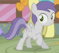 Size: 202x181 | Tagged: safe, derpibooru import, screencap, tornado bolt, pegasus, pony, call of the cutie, g4, season 1, animation error, closed mouth, female, filly, foal, raised hoof, raised leg, shocked, shrunken pupils, spread wings, standing, sugarcube corner, wings