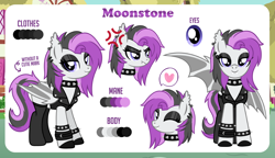 Size: 1200x689 | Tagged: safe, artist:jennieoo, derpibooru import, oc, oc:moonstone, bat pony, pony, angry, clothes, commission, eyeshadow, front view, looking at you, makeup, one eye closed, piercing, reference, reference sheet, side view, smiling, smiling at you, solo, stockings, thigh highs, vector, wink