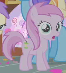 Size: 235x259 | Tagged: safe, derpibooru import, screencap, piña colada, earth pony, pony, call of the cutie, g4, season 1, applecore, cropped, female, filly, foal, open mouth, shocked, solo focus, standing