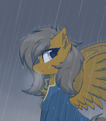 Size: 1135x1300 | Tagged: safe, artist:coarfdraw, derpibooru import, oc, oc only, oc:clank, pegasus, pony, bandage, chest fluff, clothes, commission, ear fluff, ears, fallout, looking at you, rain, side view, solo, spread wings, wings