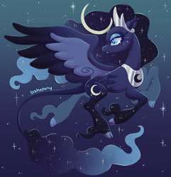 Size: 2432x2522 | Tagged: safe, artist:bishopony, derpibooru import, princess luna, alicorn, classical unicorn, pony, alternate design, cloven hooves, concave belly, crescent horn, crown, curved horn, female, gradient background, head turn, high res, horn, jewelry, leonine tail, lidded eyes, long feather, mare, peytral, regalia, signature, slim, solo, spread wings, stars, thin, wings