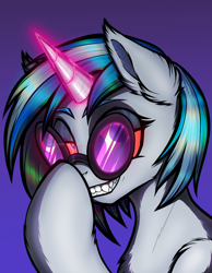 Size: 1400x1800 | Tagged: safe, artist:jehr, derpibooru import, dj pon-3, vinyl scratch, pony, undead, unicorn, vampire, breast fluff, colored, commission, ear fluff, ears, fangs, fluffy, food, glasses, glowing, glowing eyes, glowing horn, grin, gum, halloween, holiday, horn, lineart, looking at you, magic, pink, race swap, red eyes, smiling, smiling at you, solo