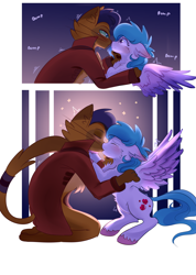 Size: 1422x2000 | Tagged: safe, artist:cottonheart05, derpibooru import, capper dapperpaws, oc, oc:cotton heart, abyssinian, pegasus, pony, blushing, canon x oc, chest fluff, ear fluff, ears, floppy ears, kiss on the lips, kissing, nervous, romantic, shipping, text