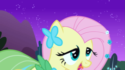 Size: 1153x649 | Tagged: safe, derpibooru import, screencap, fluttershy, pegasus, pony, g4, season 1, the best night ever, animation error, at the gala, clothes, derp, dress, faic, female, gala dress, mare, night, night sky, open mouth, sky, smiling, solo, starry night, tongue, tongue out