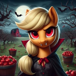 Size: 1024x1024 | Tagged: safe, ai content, derpibooru import, generator:dall-e 3, machine learning generated, applejack, bat, earth pony, pony, undead, vampire, vampony, apple, apple orchard, barn, bust, cape, clothes, dead tree, fangs, female, food, full moon, grass, looking at you, mare, moon, night, orchard, outdoors, overcast, red eyes, sky, solo, tree