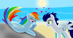 Size: 1980x1020 | Tagged: safe, artist:mlplary6, derpibooru import, rainbow dash, soarin', pegasus, pony, seapony (g4), beach, female, heart, in love, looking at each other, looking at someone, love, male, mare, seaponified, seapony rainbow dash, shipping, smiling, smiling at each other, soarindash, species swap, stallion, straight